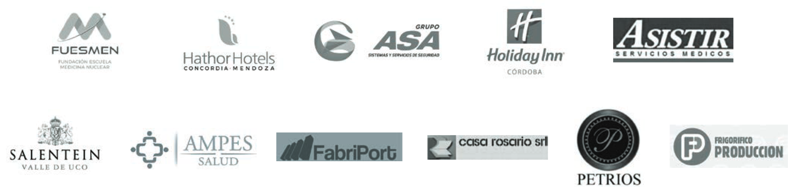 Clientes: FUESMEN, Hathor Hotels, Grupo ASA, Holiday Inn, Asistir, Salentein, AMPES, FabriPort, Casa Rosario, Petrios, Frigorífico Producción